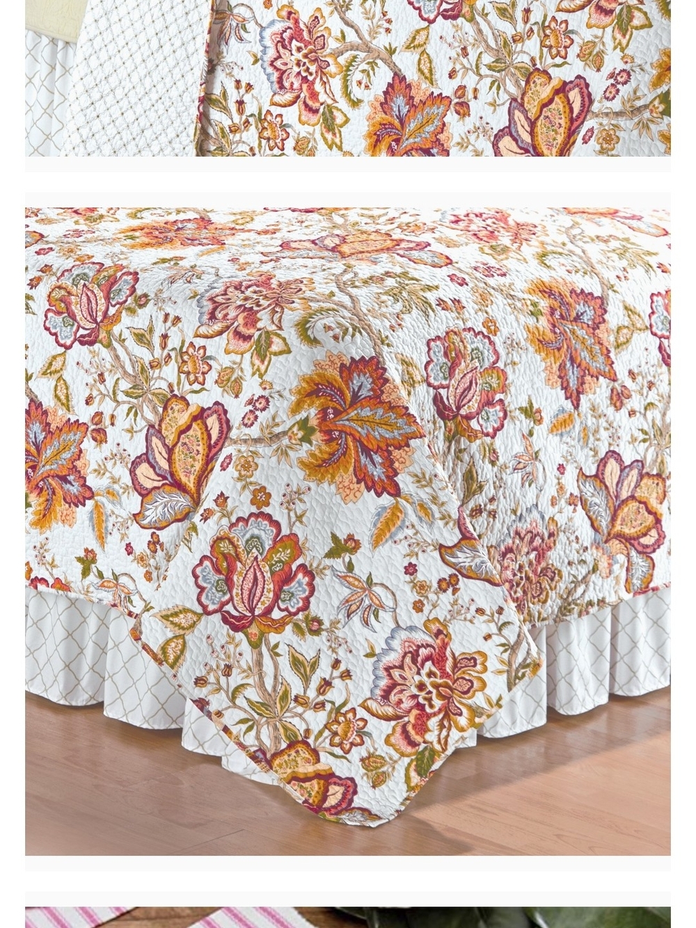 Twin Floral Quilted Bedspread in White with Multicolor Blooms C & F with Sham